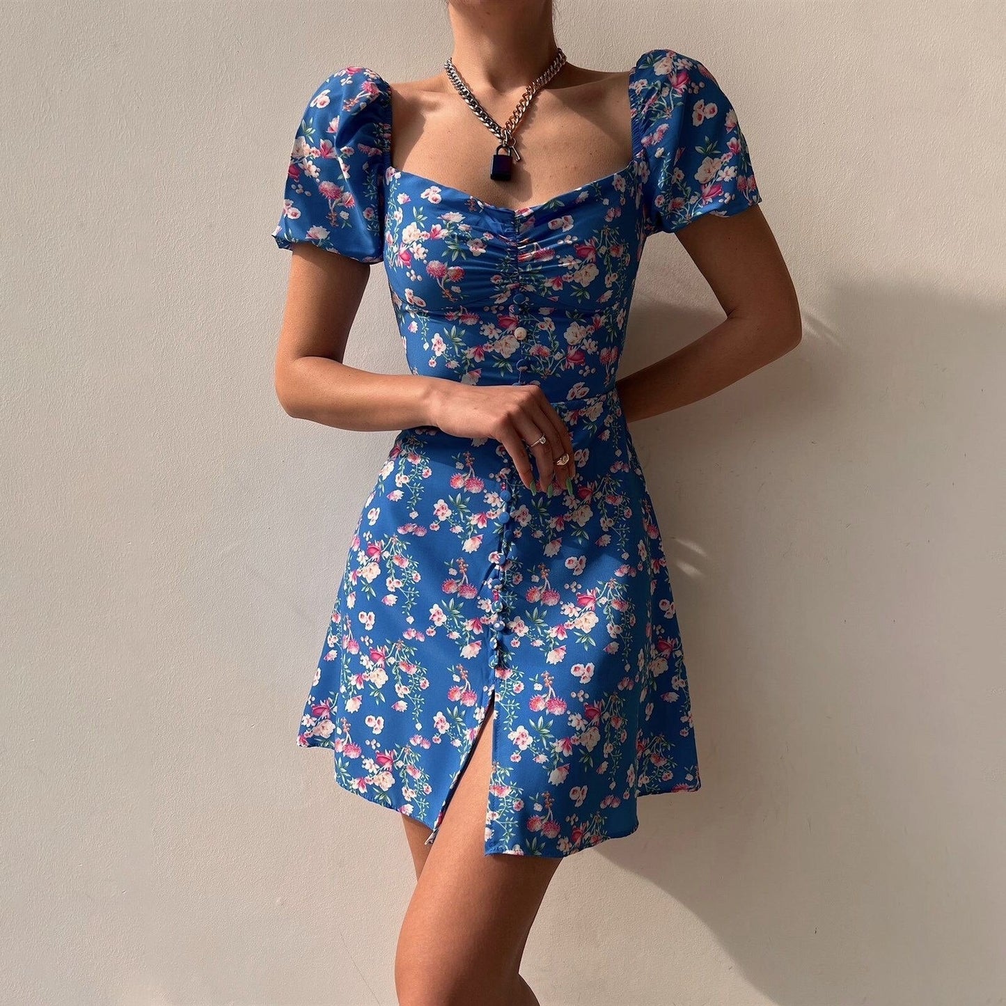 JuliaFashion-Floral Print Pleated Slim Fit Boho Dress