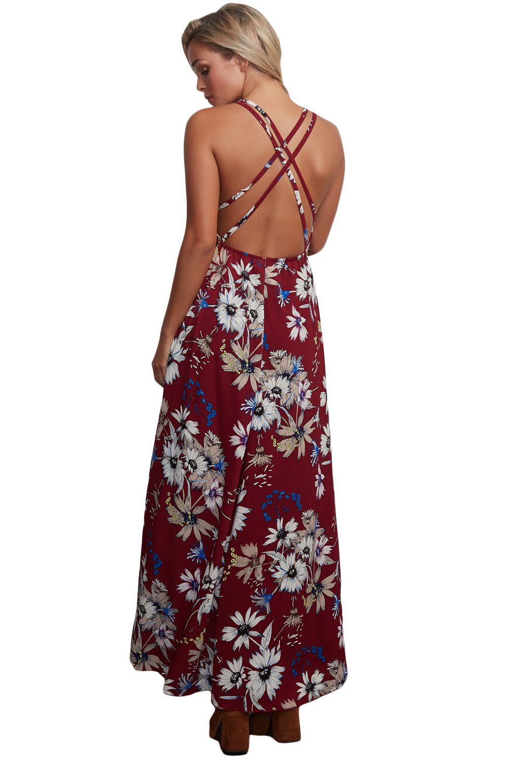 JuliaFashion-Burgundy Floral Chiffon Spaghetti Straps Maxi Dress