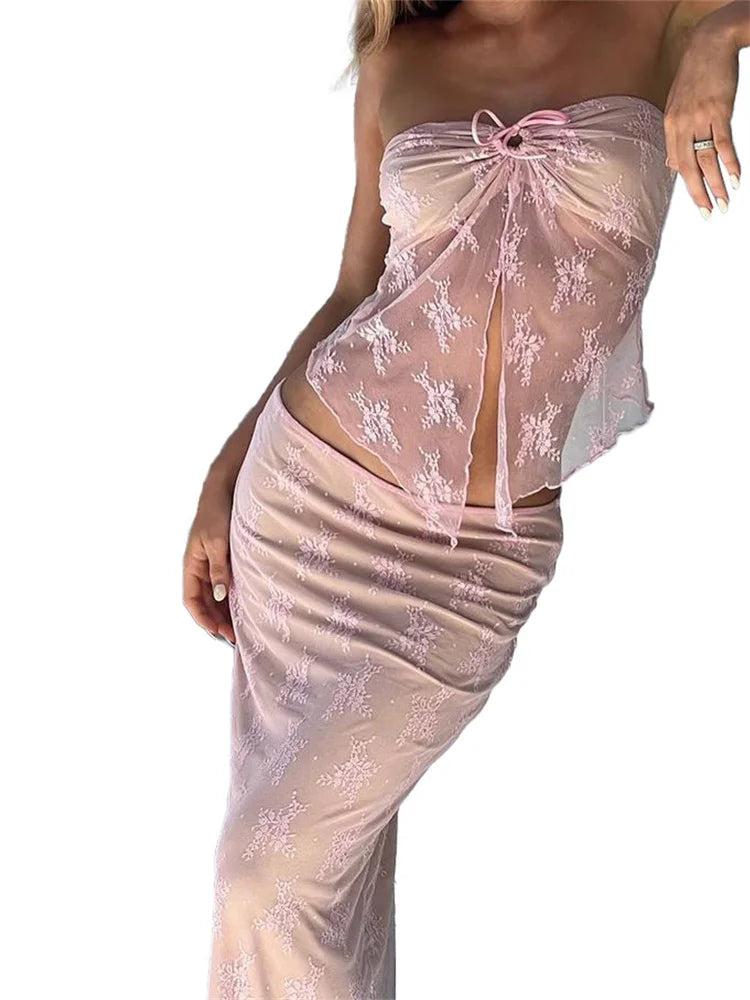 JuliaFashion - Off Shoulder Lace Bustiers Strapless Tube Skirt Suits