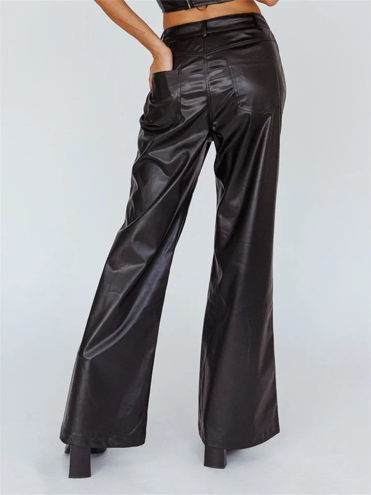 JuliaFashion - Streetwear Punk Style Faux Leather Button-Up Flare Trousers Pants