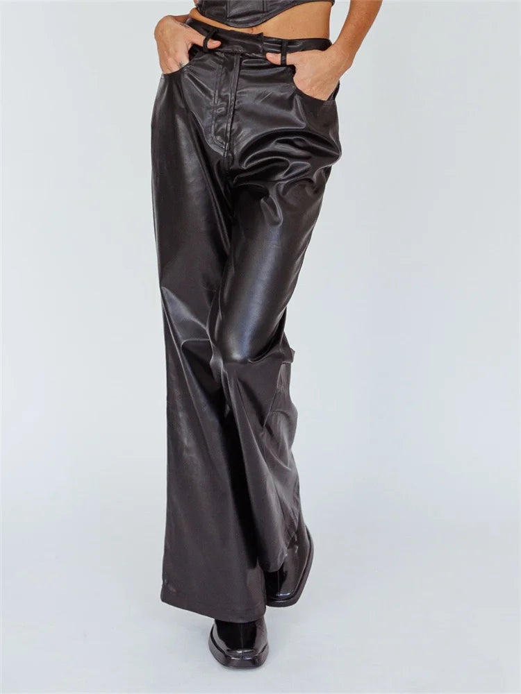 JuliaFashion - Streetwear Punk Style Faux Leather Button-Up Flare Trousers Pants