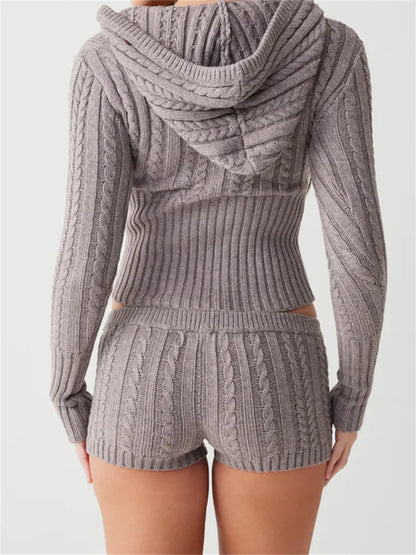 JuliaFashion - Knitted Ribbed   Hooded V-neck  Tops Low Waist Shorts Suits