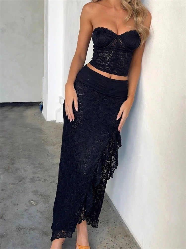 JuliaFashion - Lace Floral Bustiers Crop Skirt Suits