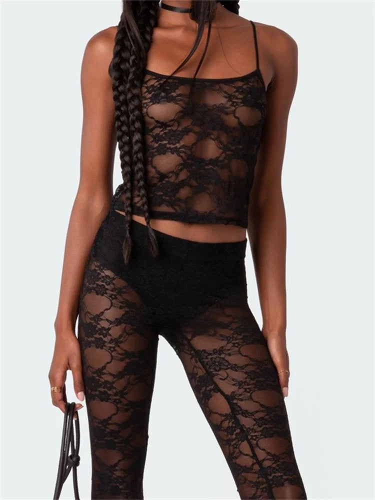 JuliaFashion - Lace Floral Mesh Strap Camis Skirt Suits