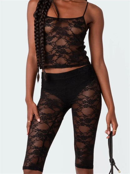 JuliaFashion - Lace Floral Mesh Strap Camis Skirt Suits