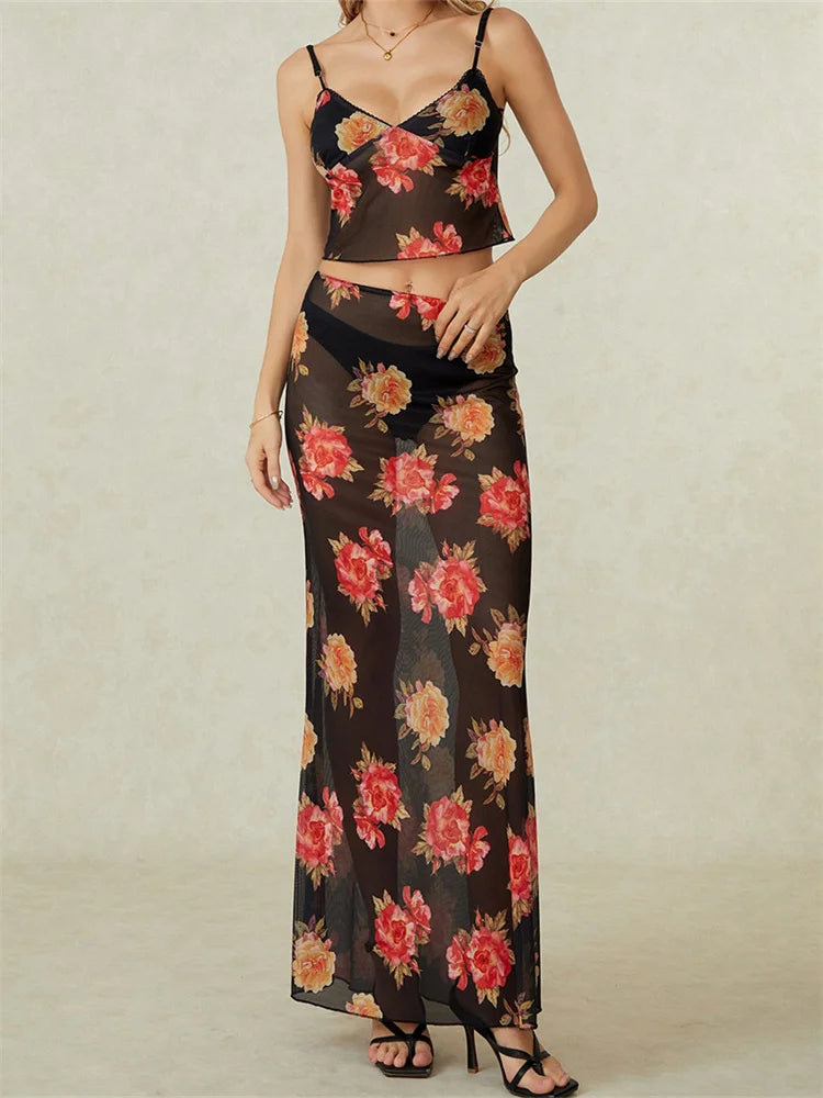 JuliaFashion - V-Neck Retro Floral Print Camis Skirt Suits