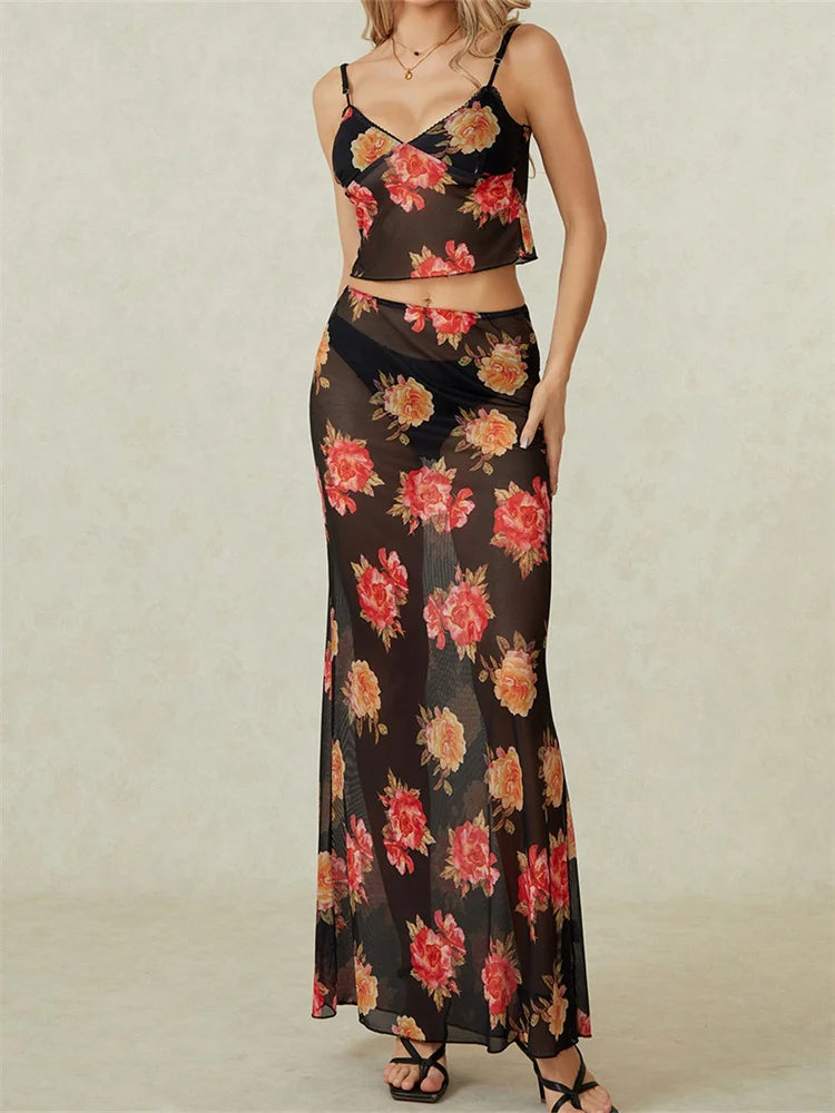 JuliaFashion - V-Neck Retro Floral Print Camis Skirt Suits