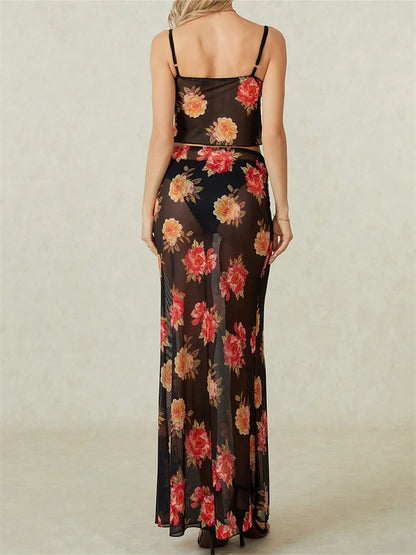 JuliaFashion - V-Neck Retro Floral Print Camis Skirt Suits