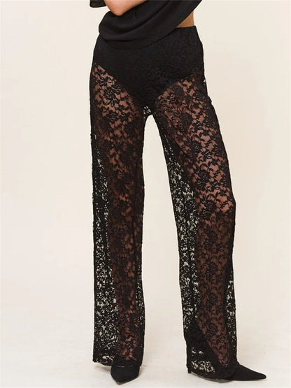 JuliaFashion - Mesh See Through Lace Gothic High Waist Wide Leg Flare Pants