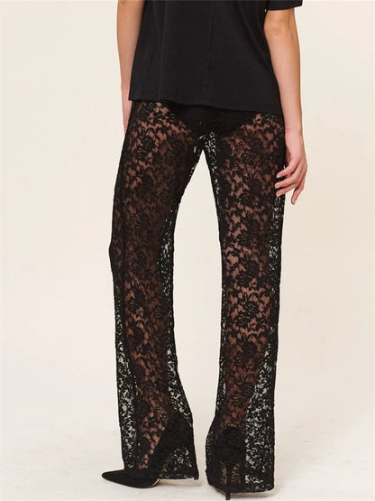 JuliaFashion - Mesh See Through Lace Gothic High Waist Wide Leg Flare Pants