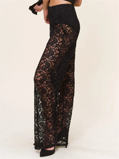 JuliaFashion - Mesh See Through Lace Gothic High Waist Wide Leg Flare Pants