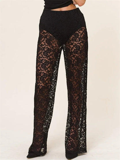 JuliaFashion - Mesh See Through Lace Gothic High Waist Wide Leg Flare Pants