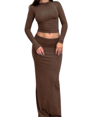 JuliaFashion - O-neck Long Sleeve Solid Color Slim Fit T-shirts Skirt Suits