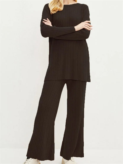 JuliaFashion - Solid Flared Lounge Ribbed Knitted Streetwear Suits