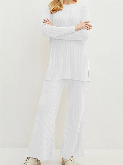 JuliaFashion - Solid Flared Lounge Ribbed Knitted Streetwear Suits