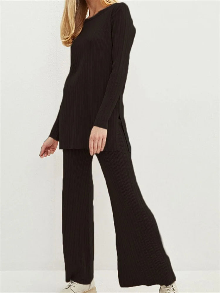 JuliaFashion - Solid Flared Lounge Ribbed Knitted Streetwear Suits