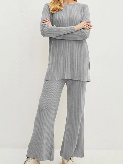 JuliaFashion - Solid Flared Lounge Ribbed Knitted Streetwear Suits