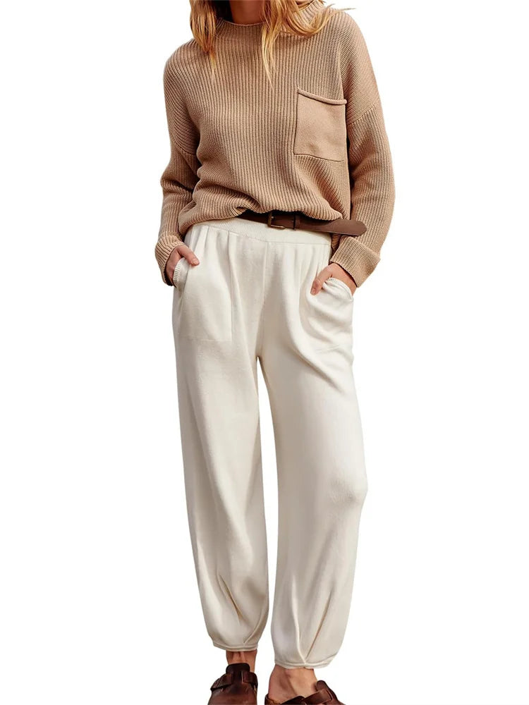 JuliaFashion - Knitted Sweaters Wide Leg Pants Suits