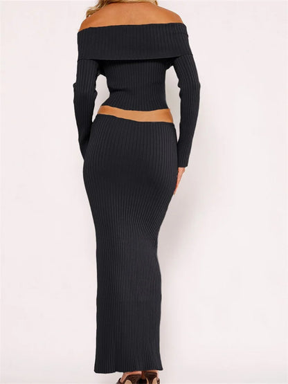 JuliaFashion - Slash Neck Off Shoulder Long Sleeve Ribbed Knitted Tops Long Skirts Suits