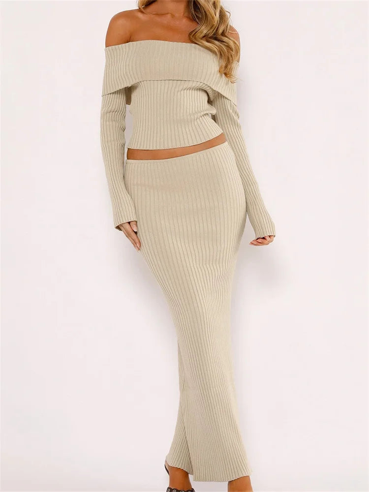 JuliaFashion - Slash Neck Off Shoulder Long Sleeve Ribbed Knitted Tops Long Skirts Suits