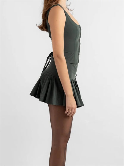 JuliaFashion - Sleeveless Buttons Up Back Tie-up Tops Solid Color Short Skirts Suits