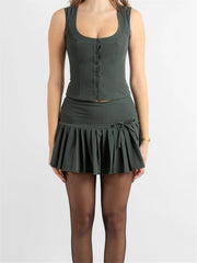 JuliaFashion - Sleeveless Buttons Up Back Tie-up Tops Solid Color Short Skirts Suits