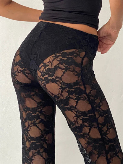 JuliaFashion - See Through Black Mesh Sheer Lace Floral Bell-Bottoms Pants