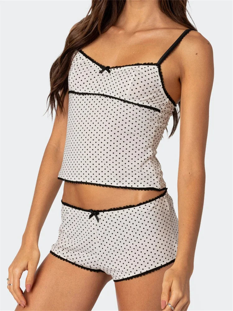 JuliaFashion - Dot Print Sleeveless Strap V-neck Camisole Tops Low Waist Shorts Suits