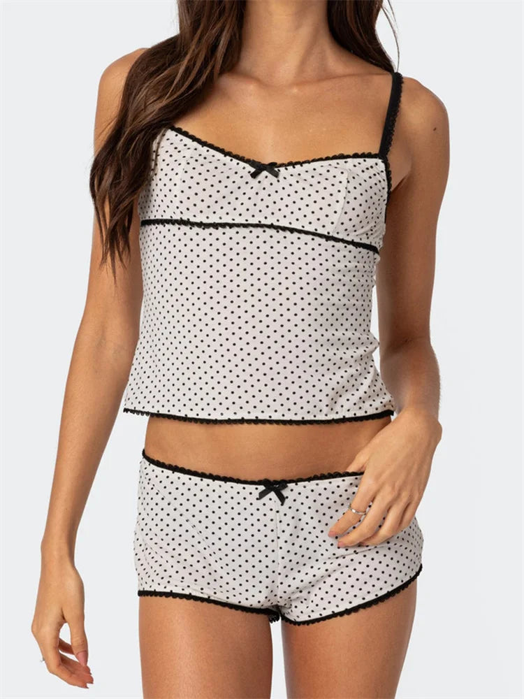 JuliaFashion - Dot Print Sleeveless Strap V-neck Camisole Tops Low Waist Shorts Suits