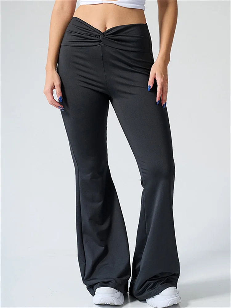 JuliaFashion - Solid ColorFlare Ruched High Waist Slim Long Pants