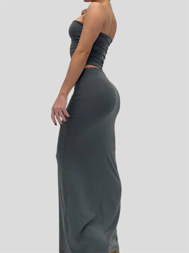 JuliaFashion - Off Shoulder Sexy Solid Strapless Tube Skirt Suits