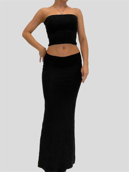 JuliaFashion - Off Shoulder Sexy Solid Strapless Tube Skirt Suits