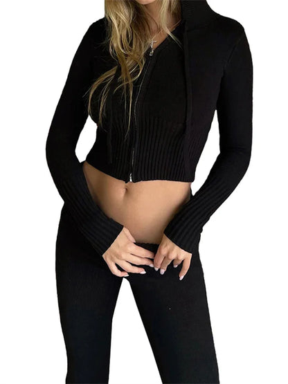 JuliaFashion - Slim Fit Hooded Coats Tops High Waist Long Pants Suits