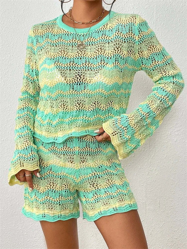 JuliaFashion - Striped O-Neck Long Sleeve Sweaters Tops Shorts Suits
