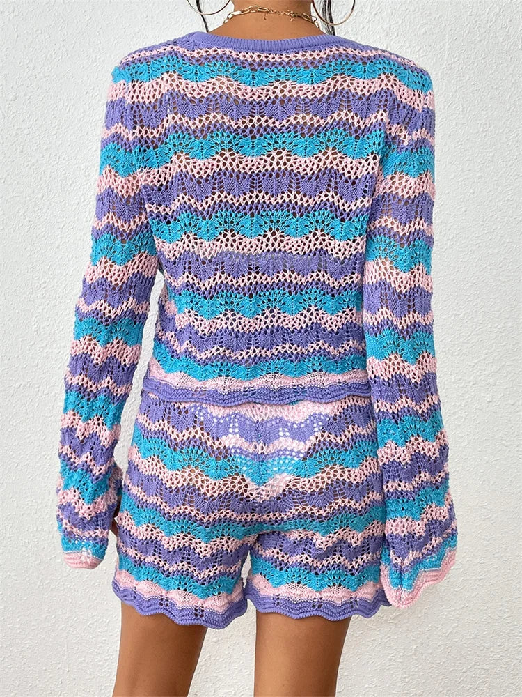 JuliaFashion - Striped O-Neck Long Sleeve Sweaters Tops Shorts Suits