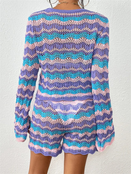JuliaFashion - Striped O-Neck Long Sleeve Sweaters Tops Shorts Suits