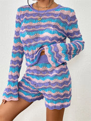 JuliaFashion - Striped O-Neck Long Sleeve Sweaters Tops Shorts Suits