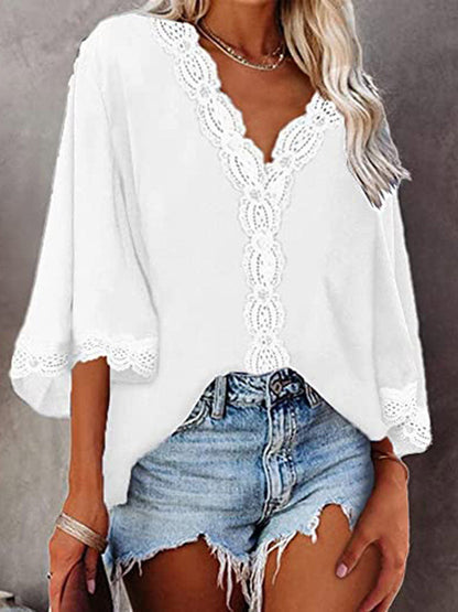 JuliaFashion - 2024 Woman V-neck Half Sleeve Vintage Tops Shirts