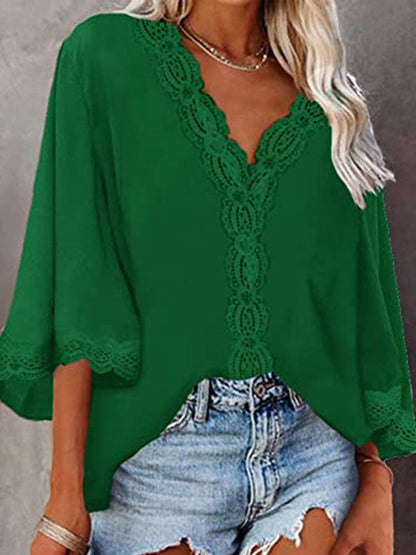 JuliaFashion - 2024 Woman V-neck Half Sleeve Vintage Tops Shirts