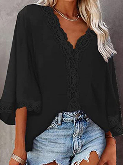 JuliaFashion - 2024 Woman V-neck Half Sleeve Vintage Tops Shirts