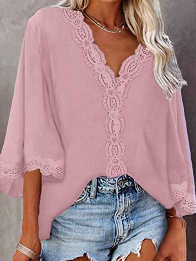 JuliaFashion - 2024 Woman V-neck Half Sleeve Vintage Tops Shirts