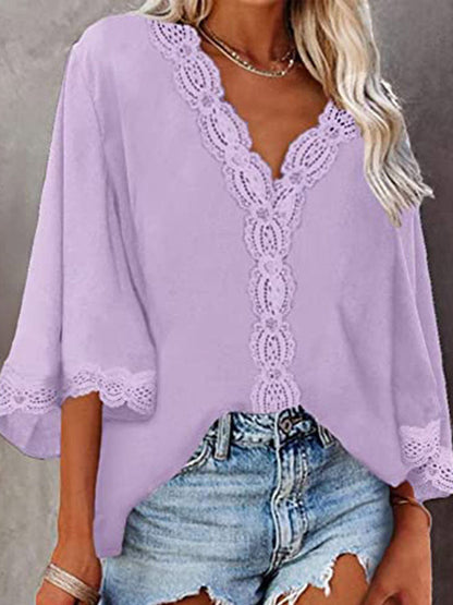 JuliaFashion - 2024 Woman V-neck Half Sleeve Vintage Tops Shirts