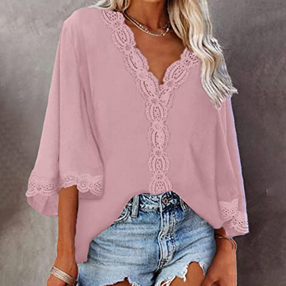 JuliaFashion - 2024 Woman V-neck Half Sleeve Vintage Tops Shirts