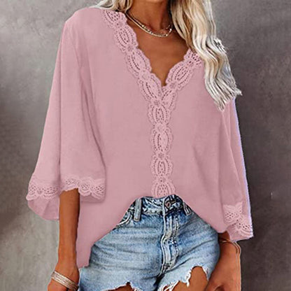JuliaFashion - 2024 Woman V-neck Half Sleeve Vintage Tops Shirts