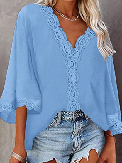 JuliaFashion - 2024 Woman V-neck Half Sleeve Vintage Tops Shirts