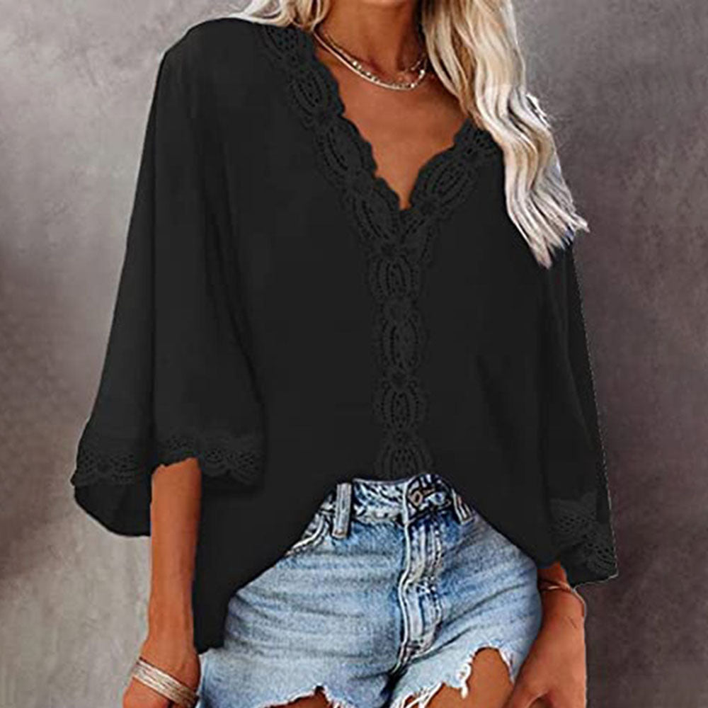 JuliaFashion - 2024 Woman V-neck Half Sleeve Vintage Tops Shirts