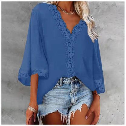 JuliaFashion - 2024 Woman V-neck Half Sleeve Vintage Tops Shirts