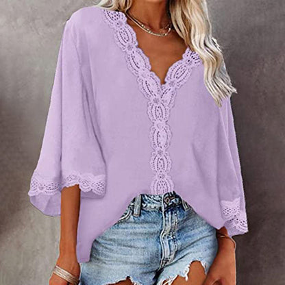 JuliaFashion - 2024 Woman V-neck Half Sleeve Vintage Tops Shirts