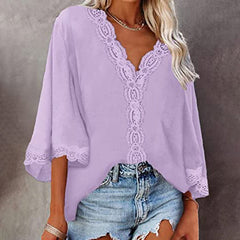 JuliaFashion - 2024 Woman V-neck Half Sleeve Vintage Tops Shirts