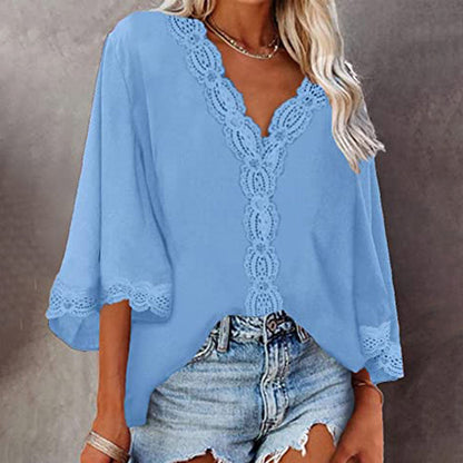 JuliaFashion - 2024 Woman V-neck Half Sleeve Vintage Tops Shirts